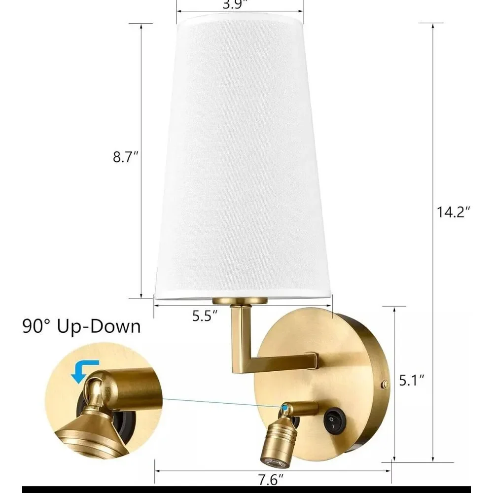 Gold Wall Sconces Set of Two Modern Brass Wall Lamp with Fabric Shade, USB Sconc